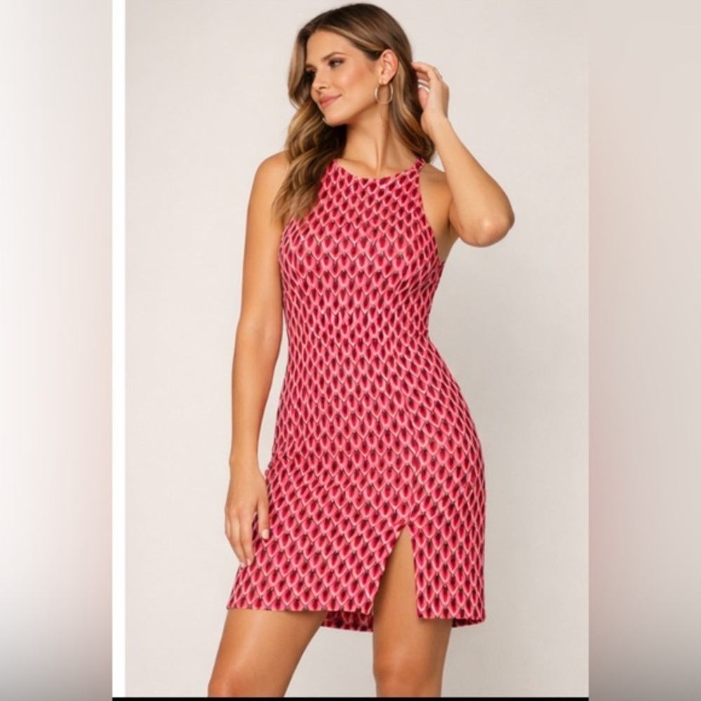 Gianni Bini Red & Beige Crochet Mini Dress Front Slit Keyhole Back S